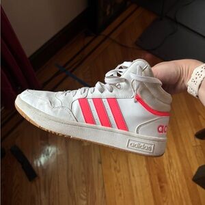 Adidas White Sneakers with Neon Pink Stripes